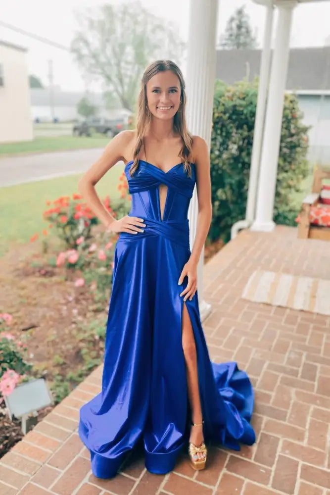A Line Strapless Blue Prom Dress WIth Slit