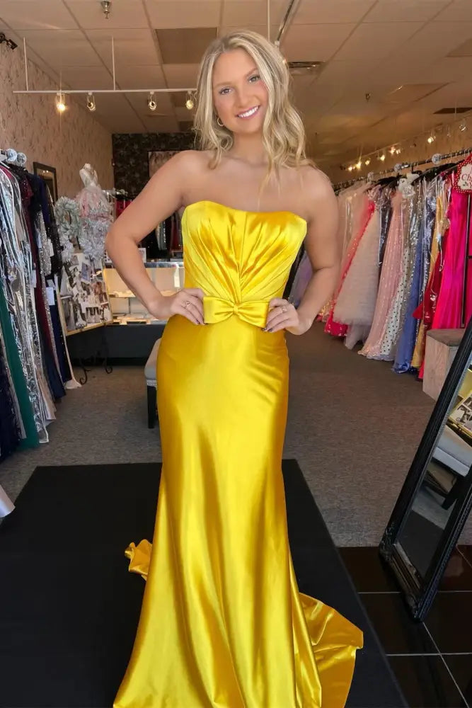 prom dresses yellow strapless Yellow Strapless Mermaid Long Prom Dress with Bow – FancyVestido