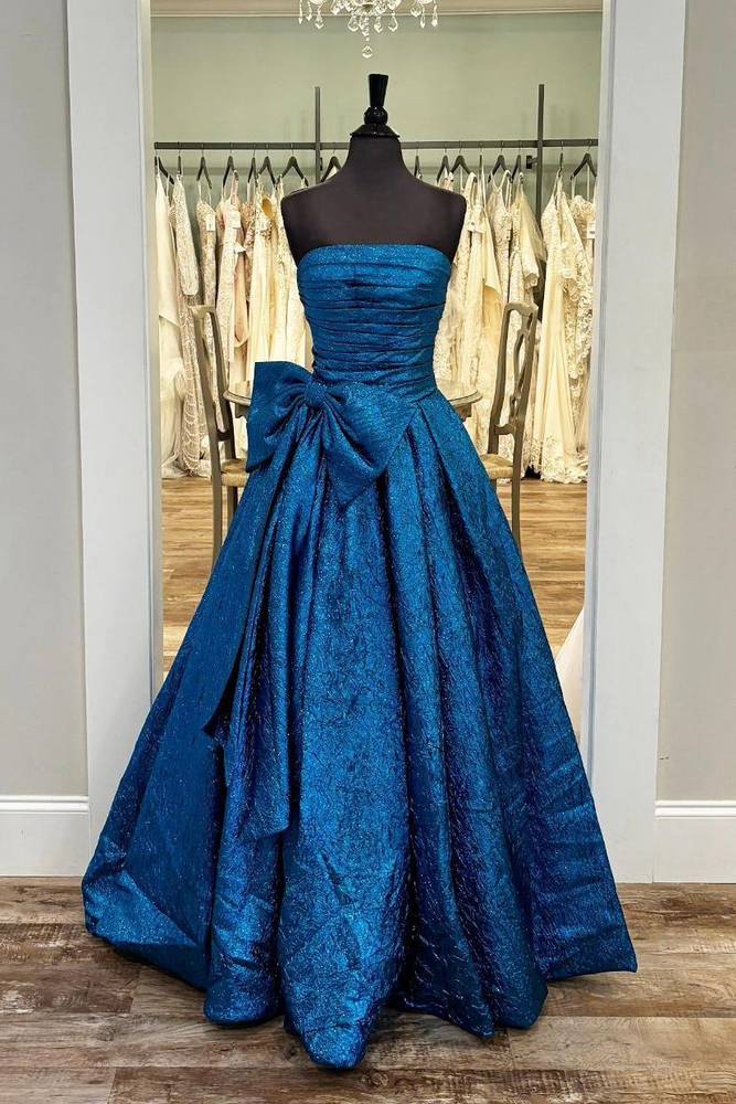 Strapless Royal Blue Long Prom Dress with Bow FancyVestido Strapless Royal Blue Long Prom Dress with Bow FancyVestido