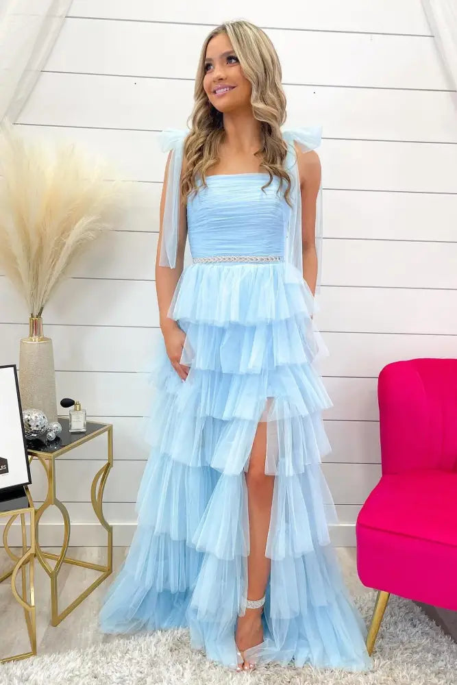 blue dress for baby girl Light Blue Pleated Ruffle Prom Dress with Bow Tie Straps – FancyVestido