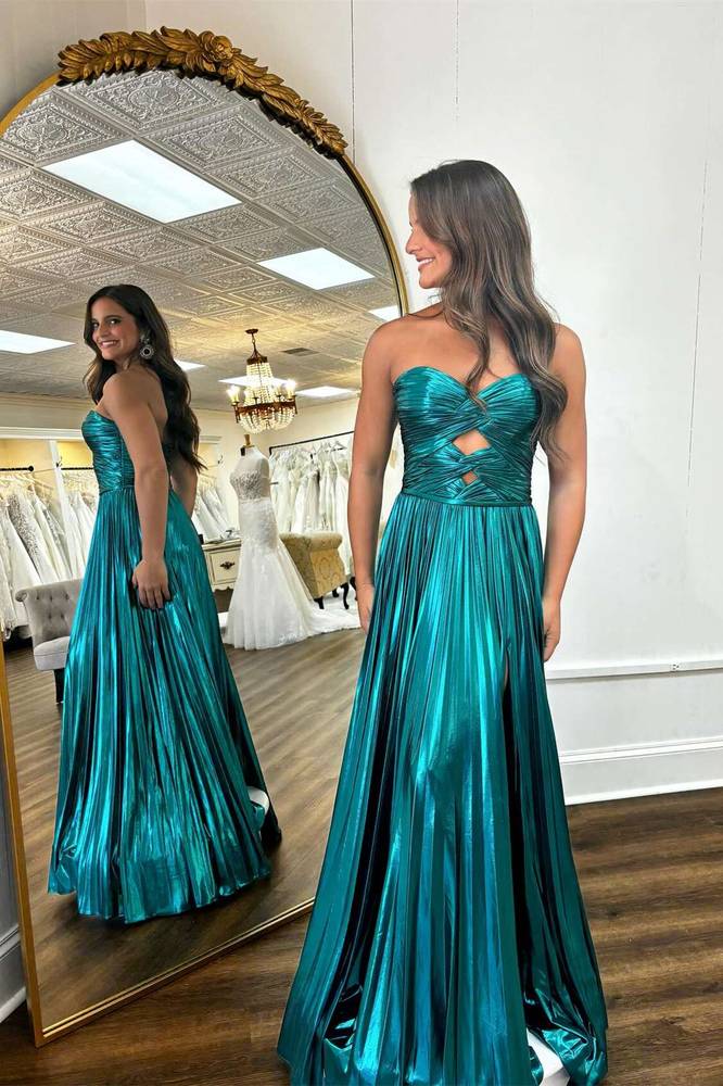 Strapless Metallic Keyhole Pleated Prom Dress with Slit – FancyVestido