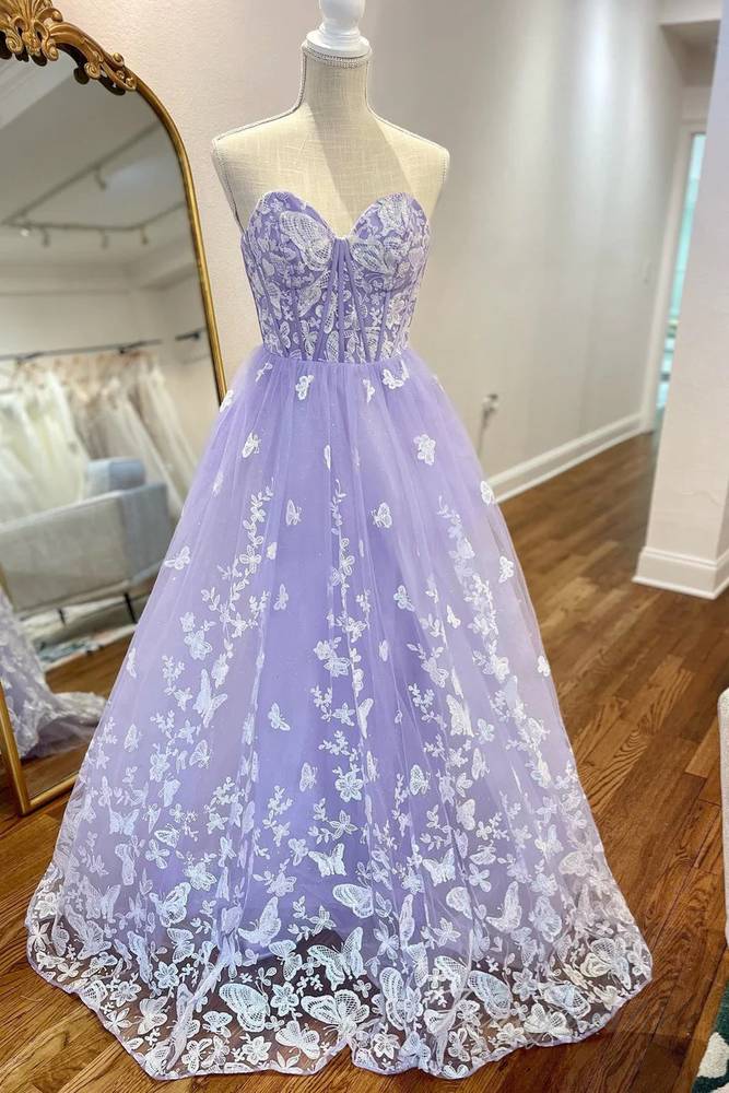 Sweetheart Lavender Applique A-Line Prom Dress with Butterfly FancyVestido Sweetheart Lavender Applique A-Line Prom Dress with Butterfly FancyVestido