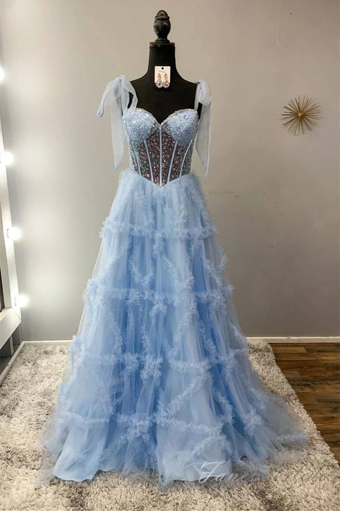 Light Blue Sequin Layered A-Line Prom Dress with Bow Tie Straps FancyVestido Light Blue Sequin Layered A-Line Prom Dress with Bow Tie Straps FancyVestido