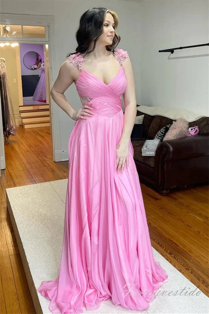 Straps Pink Pleated Chiffon A-Line Long Prom Dress FancyVestido Straps Pink Pleated Chiffon A-Line Long Prom Dress FancyVestido