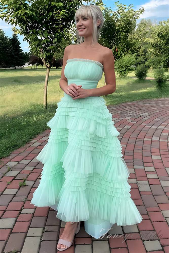 Strapless Mint Green Tulle Tiered A-Line Prom Dress FancyVestido Strapless Mint Green Tulle Tiered A-Line Prom Dress FancyVestido