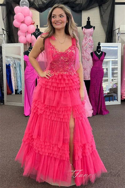 Hot Pink Applique Tiered Slit Prom Dress with Bow Tie Straps