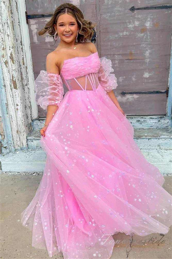 Pink Strapless A-Line Long Prom Dress with Detachable sleeves