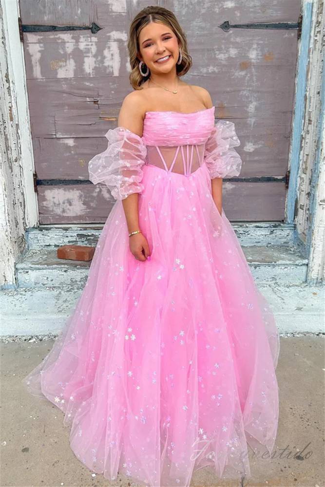 Pink Strapless A-Line Long Prom Dress with Detachable sleeves FancyVestido Pink Strapless A-Line Long Prom Dress with Detachable sleeves FancyVestido