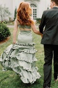 Straps Sage Keyhole Ruffle Long Prom Dress with Slit