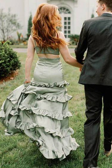 Straps Sage Keyhole Ruffle Long Prom Dress with Slit