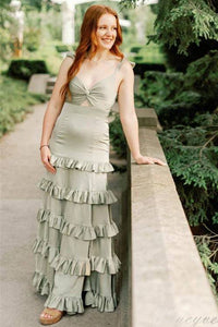 Straps Sage Keyhole Ruffle Long Prom Dress with Slit