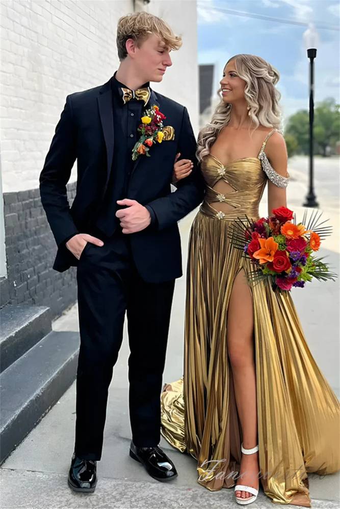Gold Metallic Beaded Long Slit Prom Dress with Off Shoulder