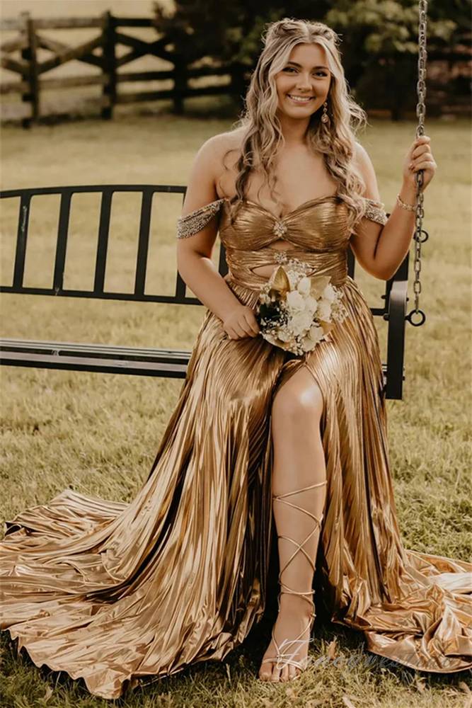 Gold Metallic Beaded Long Slit Prom Dress with Off Shoulder