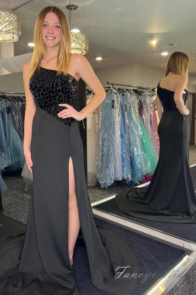 Black Mirror Sequin Slit Prom Dress with One Shoulder – FancyVestido