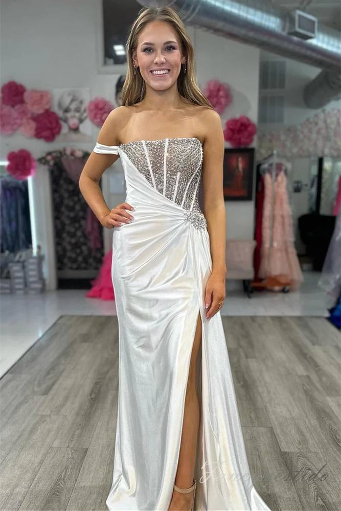White Beaded Pleated Mermaid Slit Prom Dress with One Shoulder –  FancyVestido