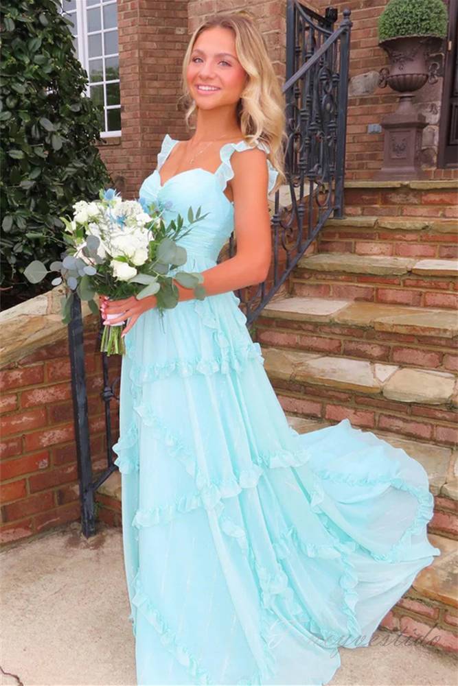 Straps Sky Blue Keyhole Ruffle Long Prom Dress – FancyVestido