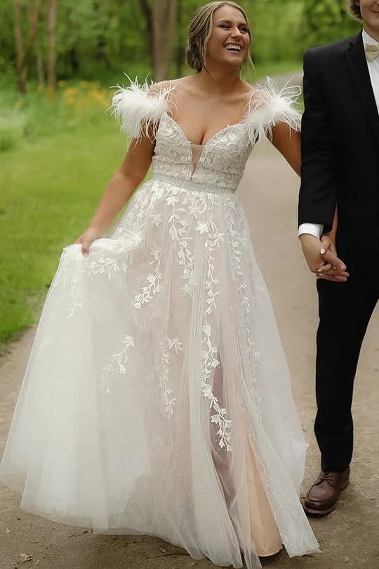 Peach V-Neck Applique A-Line Prom Dress with Feather Off Shoulder