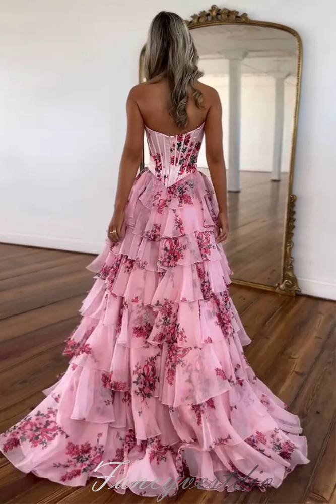 Sweetheart A-Line Chiffon Floral Print Ruffle Prom Dress with Slit FancyVestido Sweetheart A-Line Chiffon Floral Print Ruffle Prom Dress with Slit FancyVestido