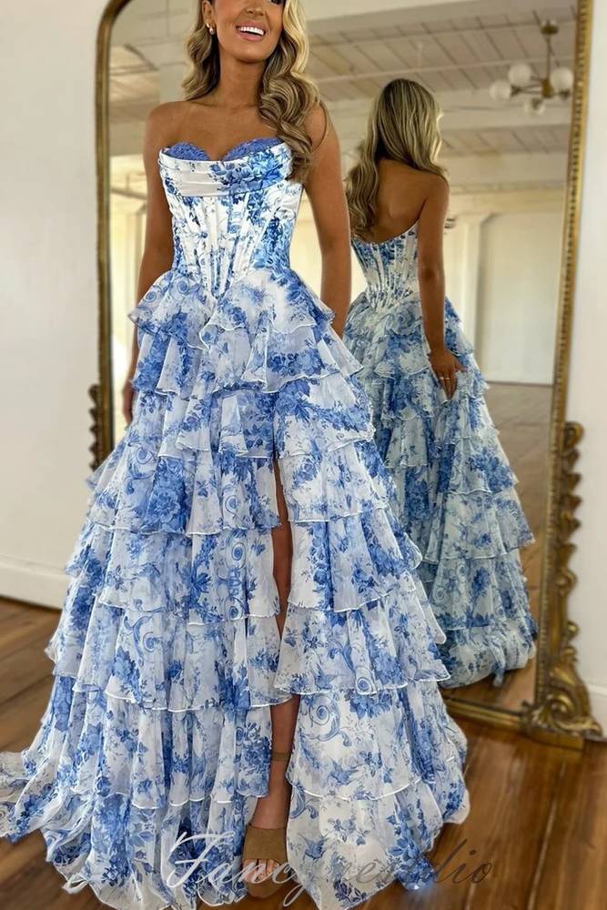 Sweetheart Blue Floral Print Ruffle Prom Dress with Slit FancyVestido Sweetheart Blue Floral Print Ruffle Prom Dress with Slit FancyVestido