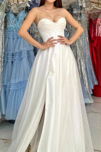Sparkly Ivory Sweetheart Tulle A-Line Prom Dress with Slit