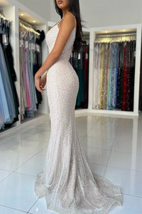 Light Blue Straps Sequin Long Mermaid Prom Dress