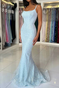 Light Blue Straps Sequin Long Mermaid Prom Dress