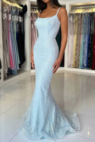 Light Blue Straps Sequin Long Mermaid Prom Dress