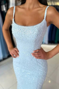 Light Blue Straps Sequin Long Mermaid Prom Dress