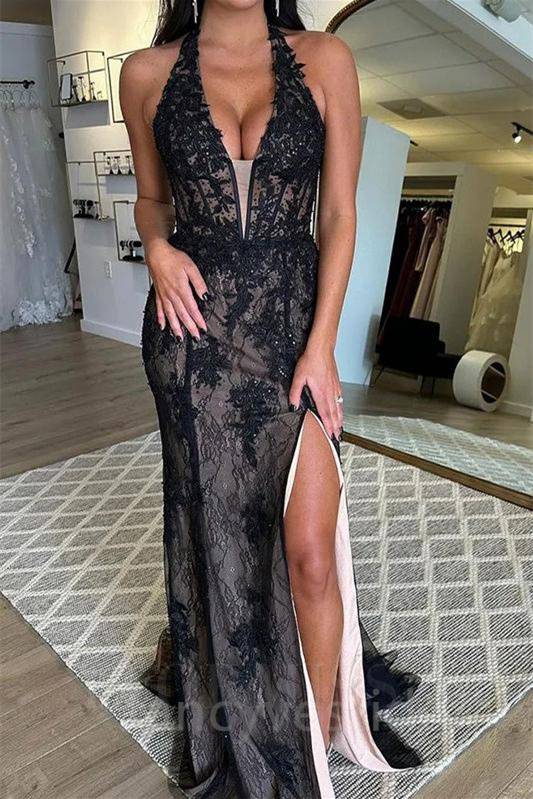 Black Lace Applique Halter Mermaid Prom Dress with Slit FancyVestido Black Lace Applique Halter Mermaid Prom Dress with Slit FancyVestido