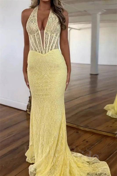 Halter Yellow Lace Applique Sheath Mermaid Prom Dress