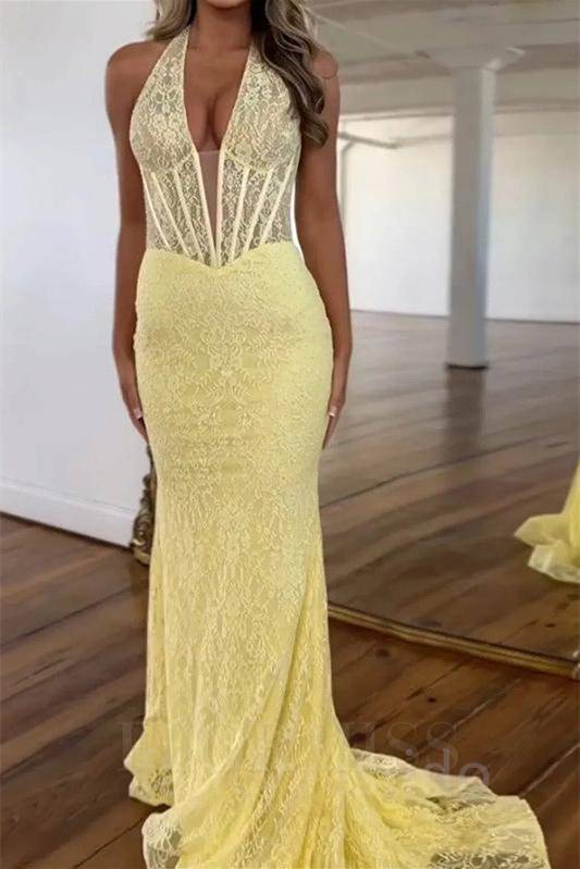 Halter Yellow Lace Applique Sheath Mermaid Prom Dress – FancyVestido