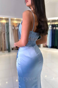 Blue Straps Applique Pleated Mermaid Prom Dress with Slit