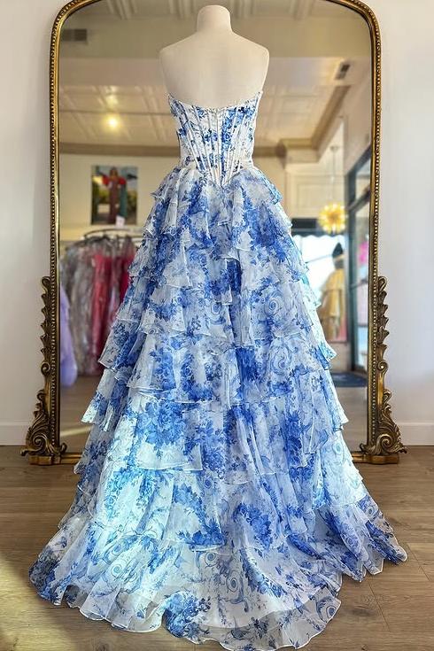Sweetheart Blue Floral Print Ruffle Prom Dress with Slit FancyVestido Sweetheart Blue Floral Print Ruffle Prom Dress with Slit FancyVestido