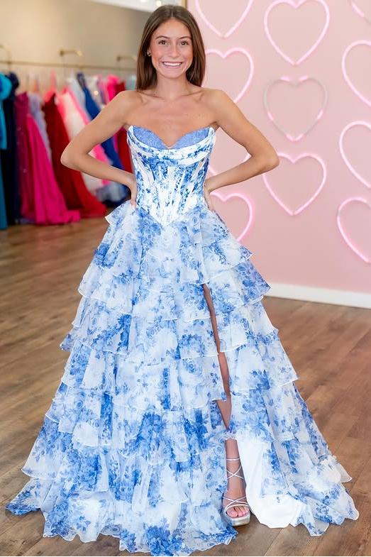 blue flower prom dress Long and White Floral-Print with Beads White/Royal / 18 feminine silhouette Blue Floral-Print Long White Lace