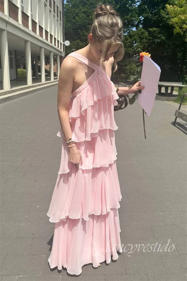 Halter Pink Chiffon Ruffle Prom Dress with Open Back