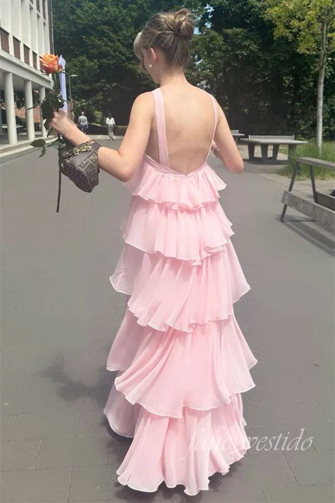 Halter Pink Chiffon Ruffle Prom Dress with Open Back