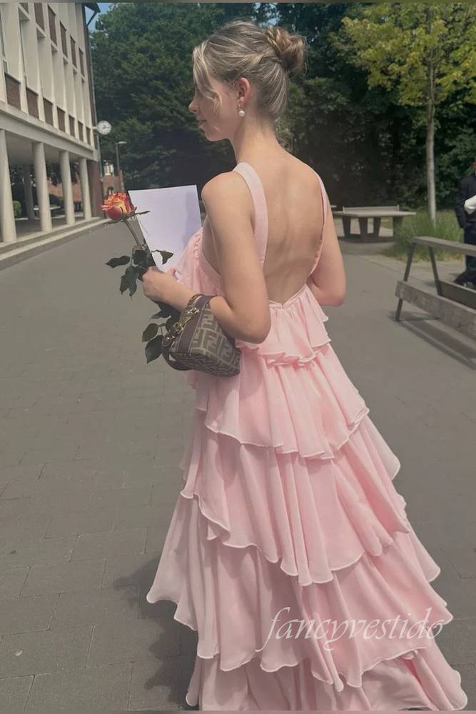 Halter Pink Chiffon Ruffle Prom Dress with Open Back