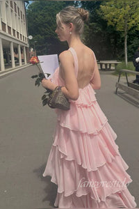 Halter Pink Chiffon Ruffle Prom Dress with Open Back