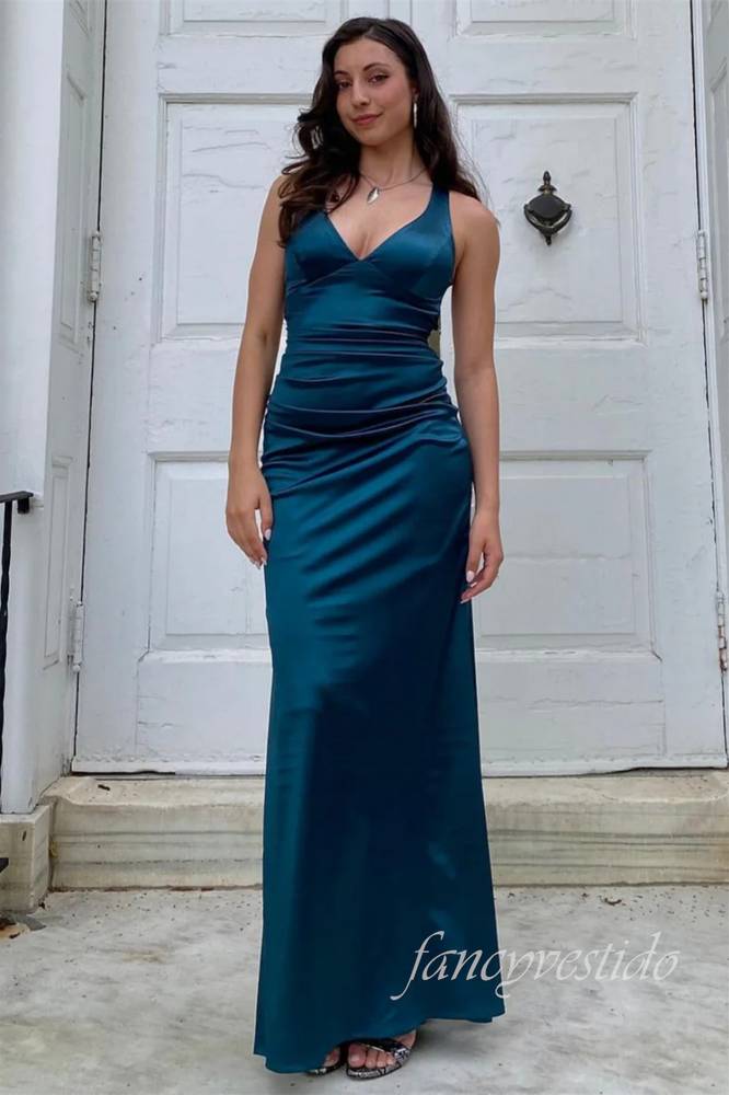 V-Neck Green Sheath Party Dress with Lace-up Back
