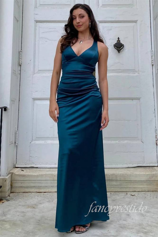 V-Neck Green Sheath Party Dress with Lace-up Back