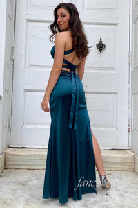 V-Neck Green Sheath Party Dress with Lace-up Back