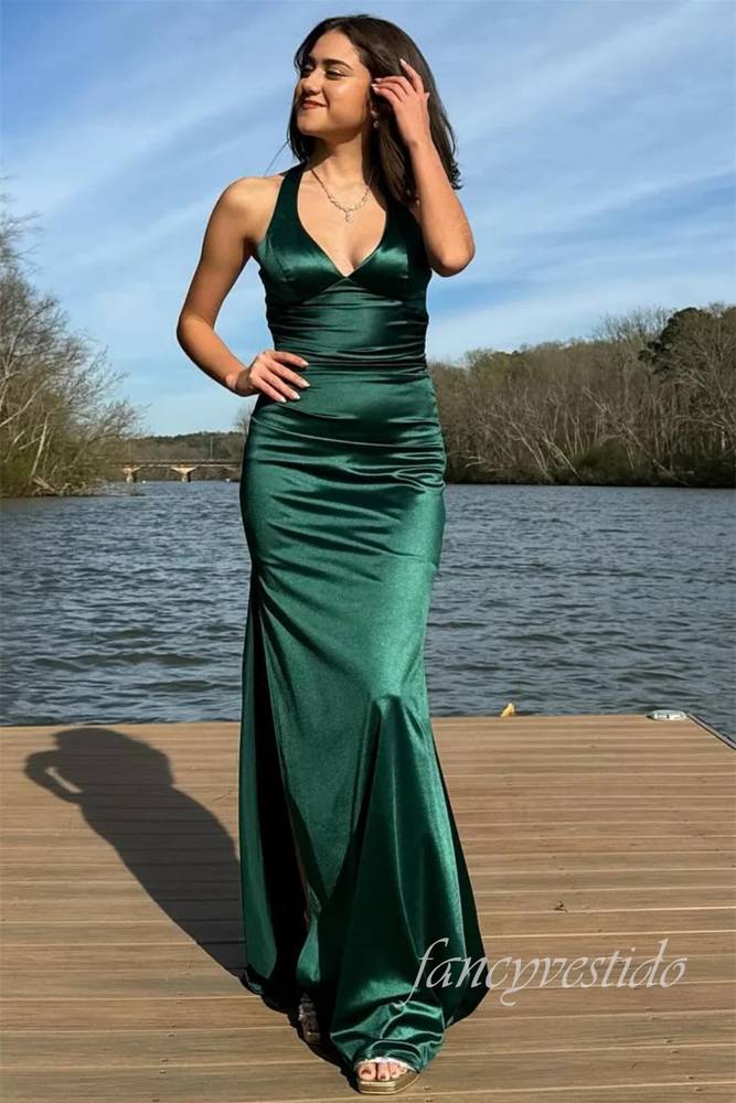 V-Neck Green Sheath Party Dress with Lace-up Back