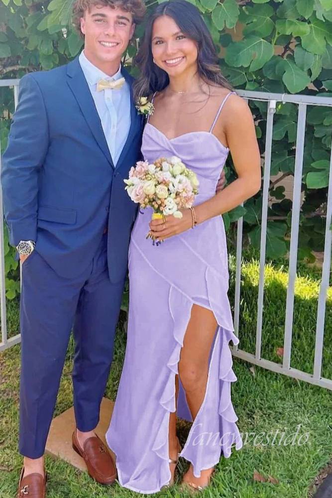 Spaghetti Straps Yellow Ruffle Slit Prom Dress