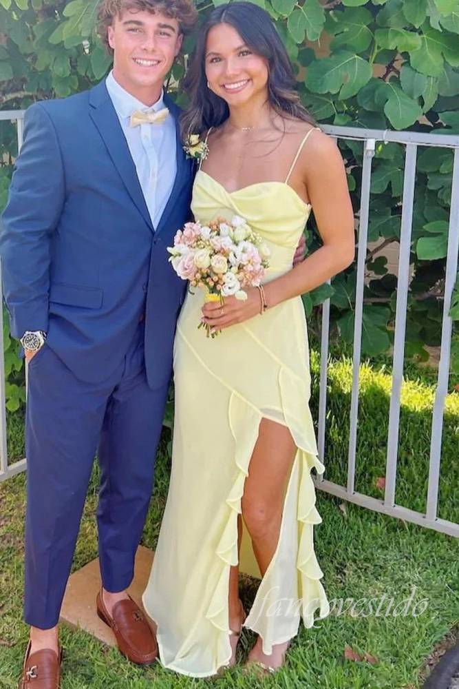 Spaghetti Straps Yellow Ruffle Slit Prom Dress