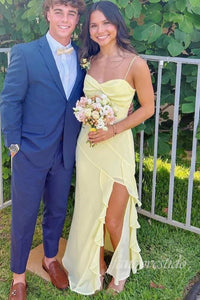 Spaghetti Straps Yellow Ruffle Slit Prom Dress