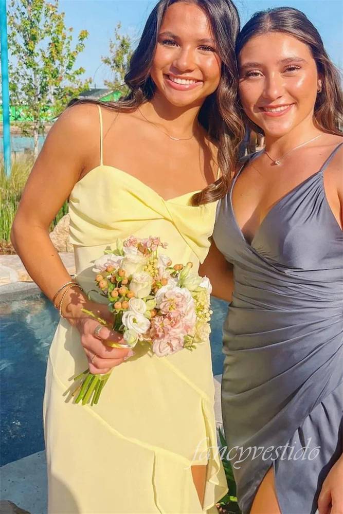 Spaghetti Straps Yellow Ruffle Slit Prom Dress