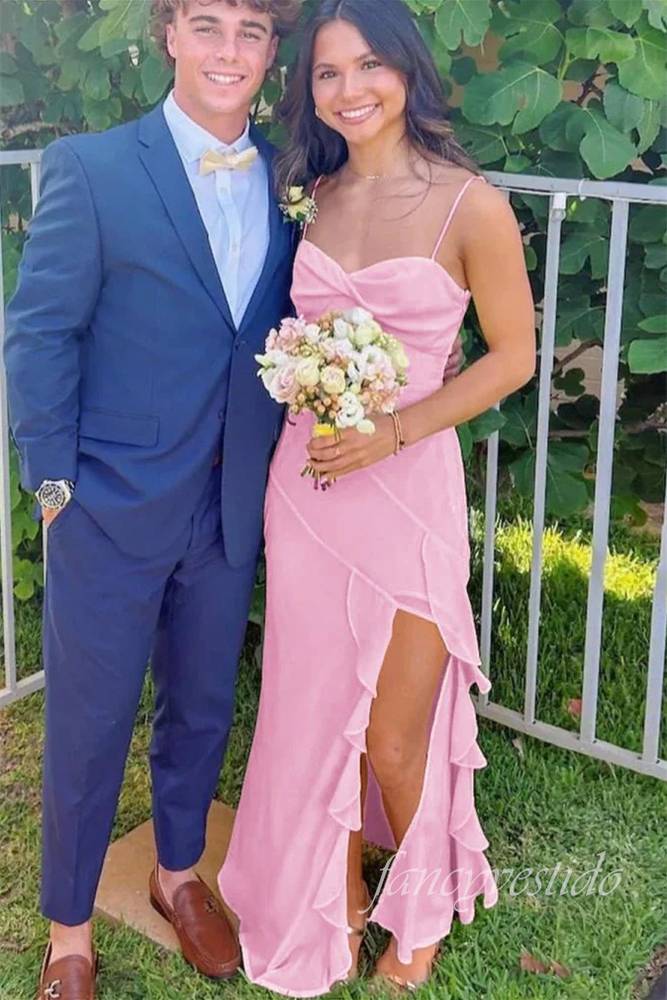 Spaghetti Straps Yellow Ruffle Slit Prom Dress