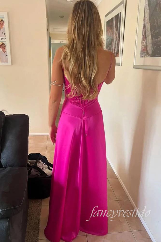 Elegant Fuchsia Bateau A-Line Satin Prom Dress