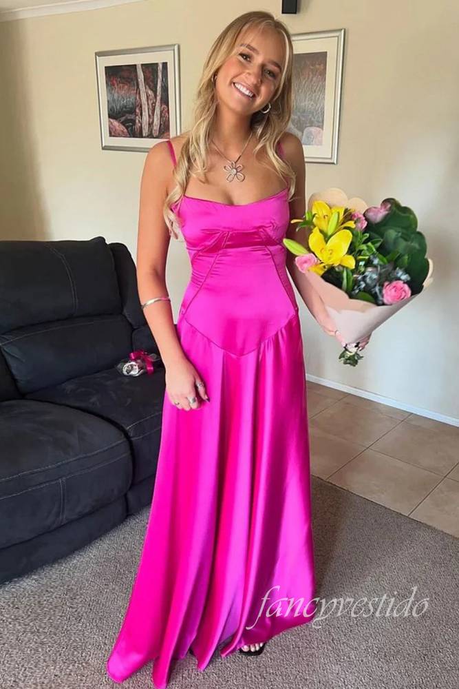 Elegant Fuchsia Bateau A-Line Satin Prom Dress