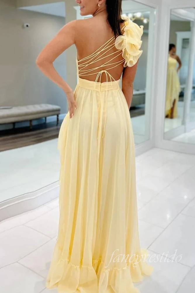 One Shoulder Floral Yellow Pleated Ruffle Tulip Dress